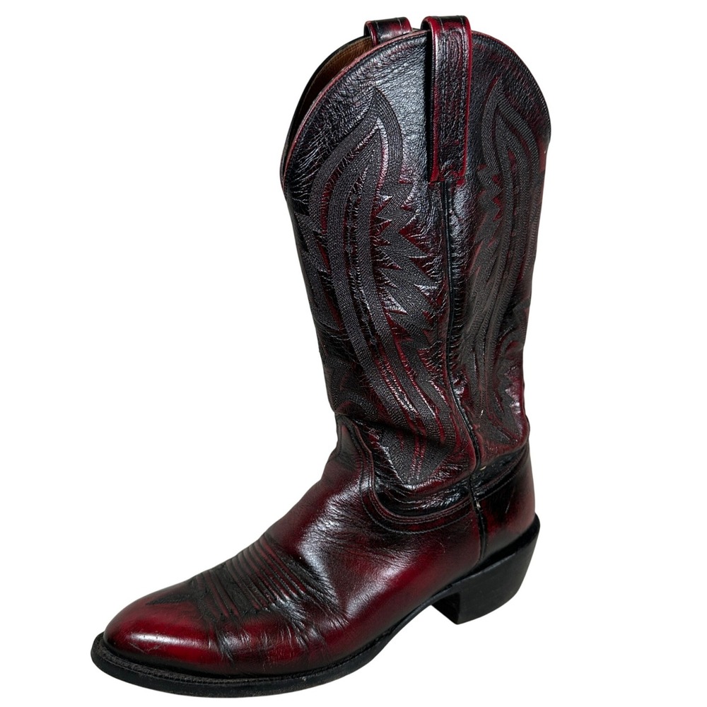 Lucchese 2000 Mens Black Cherry Red‎ Leather Western Cowboy Boots Round Kangaroo